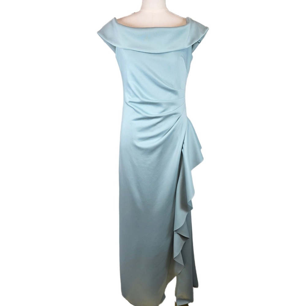 XSCAPE Sage Green Off Shoulder Ruffle Scuba Evening Gown w/Slit & Back Zip
